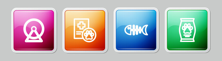 Set line Hamster wheel, Clinical record pet, Fish skeleton and Bag of food. Colorful square button. Vector