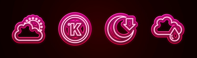 Set line Sun and cloud weather, Kelvin, Moon and Cloud with rain. Glowing neon icon. Vector