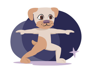 Dog doing Warrior II pose. Anthropomorphic animal in cartoon style