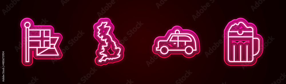 Sticker Set line England flag on flagpole, map, Taxi car and Wooden beer mug. Glowing neon icon. Vector