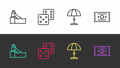 Set line Water slide, Game dice, Sun protective umbrella and Ticket on black and white. Vector