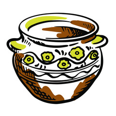 Vector illustration of a clay pot with flowers. Moldovan national dishes