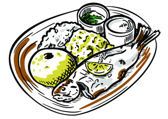 Moldavian national dish mamaliga, scrob egg, cottage cheese, sauce and fried fish. Vector illustration sketch of food