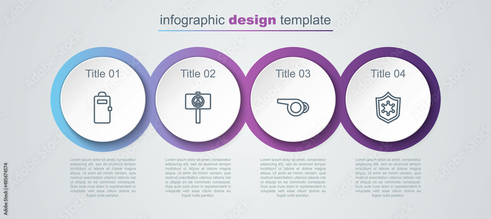 Poster set line police assault shield, peace, whistle and badge. business infographic template. vector