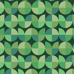 Mid century modern seamless pattern with geometric shapes in green and teal over black background. Great for home d&eacute;cor, wrapping paper, wallpaper and textile 