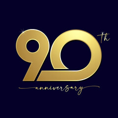 90 years anniversary simple gold logo with handwriting for celebration event. Vector illustration 90th birthday for greeting card or jubilee invitation