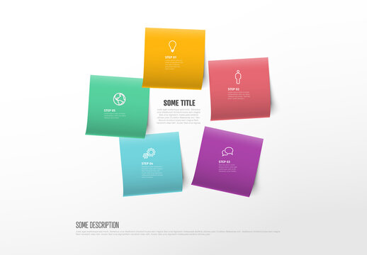 Five Simple Pastel Sticky Paper Steps Process Infographic Layout