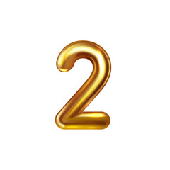 3d golden embossed number two on white background.