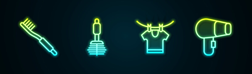 Obraz premium Set line Toothbrush, Toilet, Drying clothes and Hair dryer. Glowing neon icon. Vector