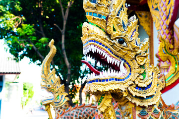 Colourful Mosaic Naga Head at a Temple in Chiang Mai, Thailand, Southeast Asia