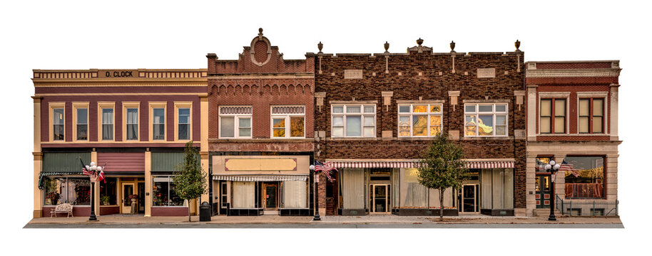 Store Fronts On The Town Square On White Background.