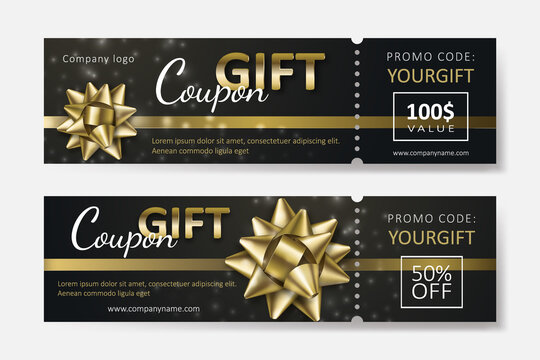 Set of gift coupons with golden ribbons and bows. Template for a festive gift voucher, invitation and certificate. Vector Illustration