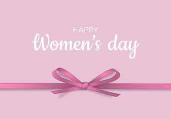 Greeting card for March 8. Happy International Women's day banner with pink ribbon and realistic bow on a pink background. Vector illustration