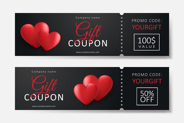 Set of gift coupons with red 3d hearts. Template for a festive gift voucher, invitation and certificate. Vector Illustration