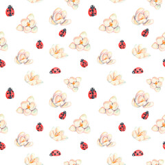 Watercolor seamless pattern. Watercolor flowers illustration. Watercolor floral pattern. Snowdrops flowers and lady bugs. Spring flowers with lady bug. Idea for bedding, wrapping paper, gifts, fabric