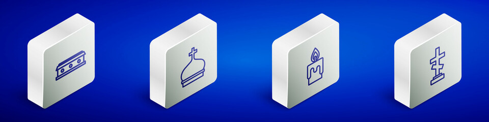 Set Isometric line Coffin with cross, Church tower, Burning candle and Grave icon. Vector