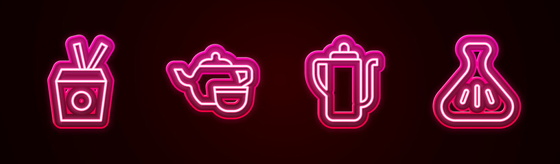 Set line Noodles in box and chopsticks, Chinese tea ceremony, and Dumpling. Glowing neon icon. Vector