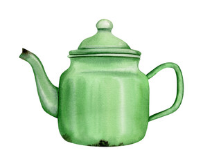 Watercolor rusty enamelware, vintage green pot, hand drawn illustration isolated on white background. 