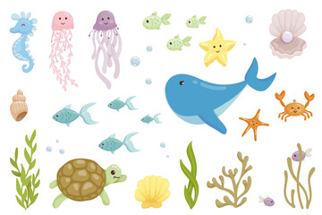 Set of colorful cartoon sea animals, fish, plants. Cartoon vector graphics.