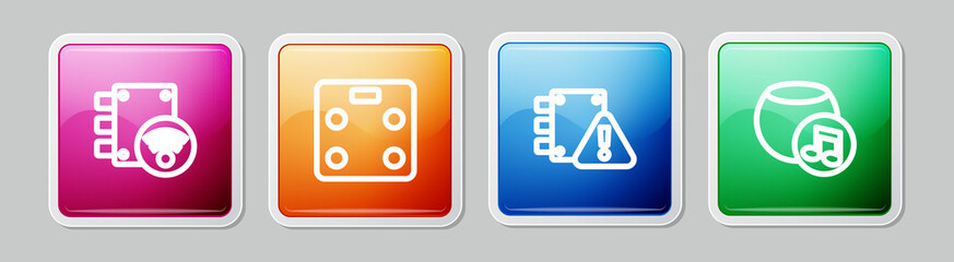 Set line Digital door lock, Smart bathroom scales, House under protection and Voice assistant. Colorful square button. Vector