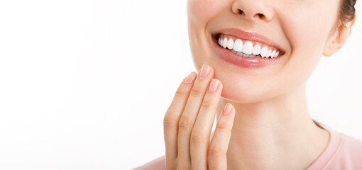 Perfect healthy teeth smile of a young woman. Teeth whitening. Dental clinic patient. Image...