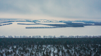  winter landscape with a snowy agricultural field. Aerial view of the agricultural field in the...