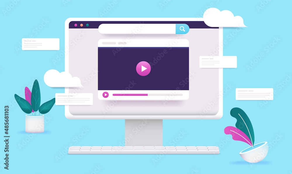 Poster Online video - Desktop computer screen with movie content on screen. Vector illustration with blue background