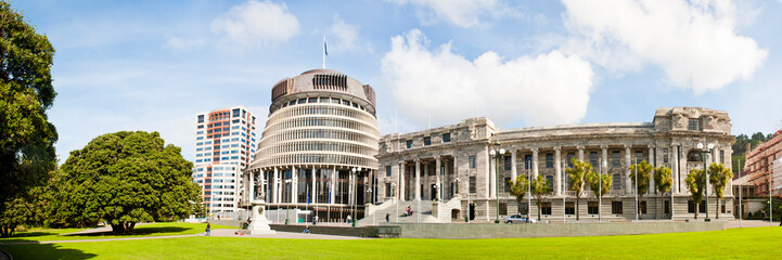 Panoramic Photo of the Beehive, the New Zealand Parliament Buildings, Wellington, North Island, New...