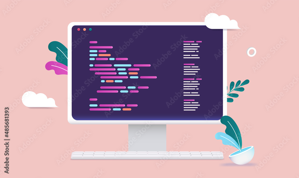 Fototapete Desktop computer with code on screen - Vector illustration of dark device screen with abstract programming language