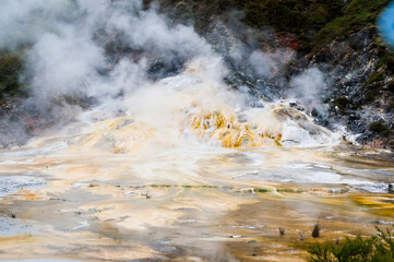 Steaming Geothermal Area at Orakei Korako Thermal Park, The Hidden Valley, North Island, New Zealand