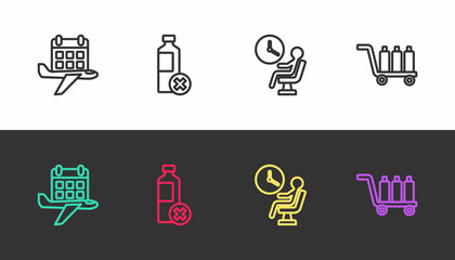 Set line Calendar and airplane, No water bottle, Human waiting in airport terminal and Trolley baggage on black and white. Vector