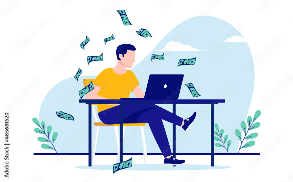 Poster freelance money - person sitting with computer alone at desk while dollar bills raining down. flat d