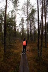 Obraz premium young female hiker walking with an orange backpack in a Finnish forest and trail. Feeling the fresh air. Discovering new places. Feeling happy. The rovaniemi area, lapland in finland
