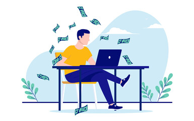Freelance money - Person sitting with computer alone at desk while dollar bills raining down. Flat design vector illustration with white background