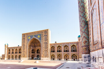 Facade of the Tilya Kori Madrasah. Madrasah, Registan, Samarkand, Uzbekistan, Central Asia