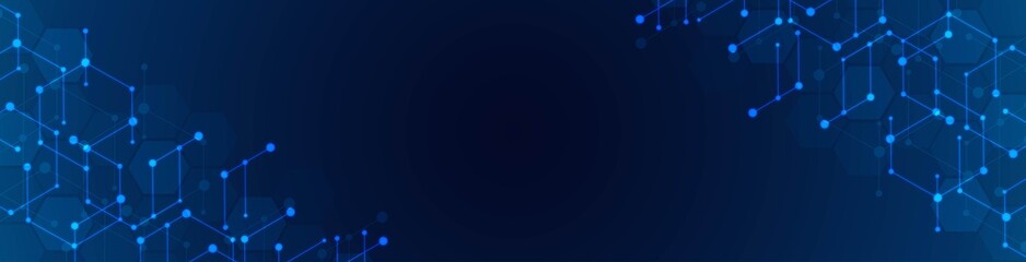 Neon geometric background frame. Vector design of hexagons, honeycombs, cells. The texture of a broken connection network, circles, dots. Banner for technology, medicine, websites.