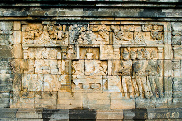 Close Up Photo of Detail of the Stone Bas Relief Carvings that Line the Walls of Borobudur Temple, Yogyakarta, Java, Indonesia, Asia