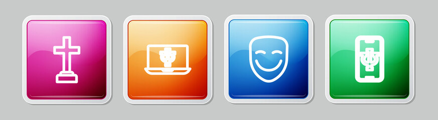 Set line Graves funeral sorrow, Psychologist online, Comedy theatrical mask and . Colorful square button. Vector