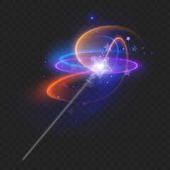 Magic wand with glowing swirl and sparkles isolated on transparent background. The magic scepter with stardust