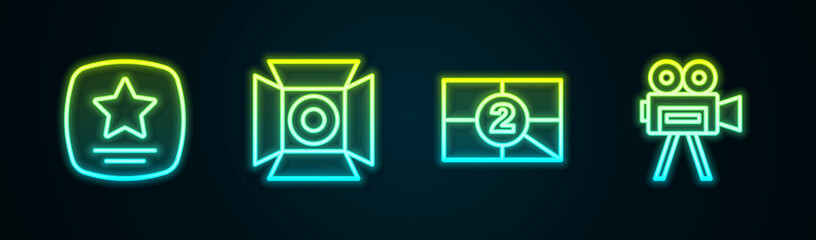 Fototapeta premium Set line Walk of fame star, Movie spotlight, Old film movie countdown frame and Retro cinema camera. Glowing neon icon. Vector