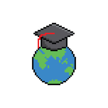  pixel Graduation cap and earth globe education pixel art icon vector 8 bit game 