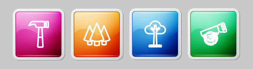 Set line Hammer, Christmas tree, Tree and Hand saw and log. Colorful square button. Vector