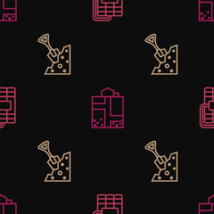 Set line Dynamite, Shovel and stone and Mine entrance on seamless pattern. Vector