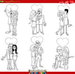 cartoon couples in love on Valentine Day coloring book page