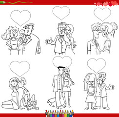 cartoon couples in love on Valentine Day coloring book page