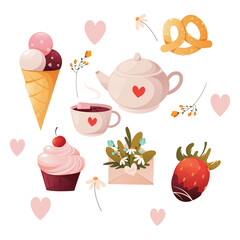 Set of valentine's day elements. Ice cream, cake, chocolate covered strawberries and more to decorate. Cartoon style stickers on an isolated background. Vector illustration.