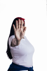 feminist woman showing her hand on white background