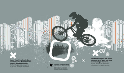Active man. BMX rider in abstract sport landscape background, vector