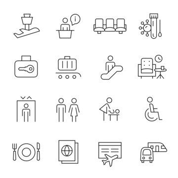 Airport line icon set. Pictograms included baggage claim, business lounge, transportation, timetable, elevator, restaurant.
