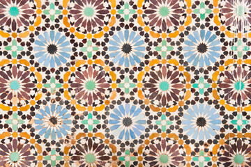 Close up photo of colourful mosaic tiles, Marrakech (Marrakesh), Morocco, North Africa, Africa